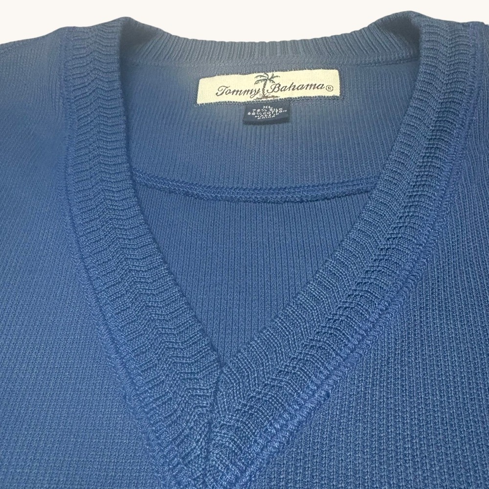 Tommy Bahama Sweater Vest XL Blue Silk Cotton V-Neck Textured Trim Sleeveless